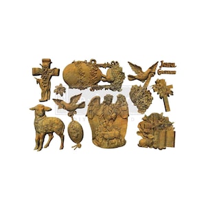 May include: A selection of Easter-themed ornaments in a warm, earthy hue. The collection features a lamb, angel, cross, dove, and egg. The words "Joyful Easter" are visible. These items are likely for crafting or seasonal decoration.
