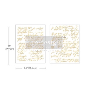 May include: Two sheets of white paper with gold script writing. The sheets are 8.5 inches by 11 inches.