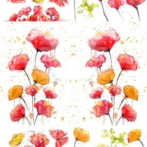 May include: Watercolor painting of red and orange poppies with yellow butterflies on a white background.