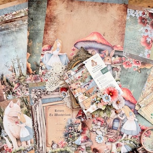 May include: A collection of Alice in Wonderland themed scrapbook paper and ephemera. The papers feature illustrations of Alice, mushrooms, rabbits, and floral elements in a vintage style. Includes a paper pad with 26 sheets.