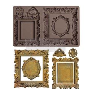 May include: A silicone mould and finished frames with ornate, vintage-style designs. The mould is brown, featuring rectangular and oval frames, along with decorative elements. The finished frames have a gold, aged appearance.
