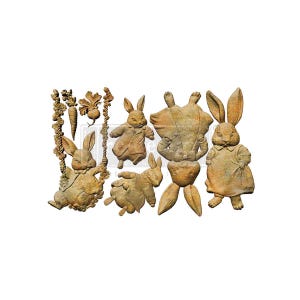 May include: A collection of detailed, brown-toned rabbit figurines. One rabbit is on a swing, and others are in various poses, including standing and wearing clothing. A carrot and other foliage are also included in the design.