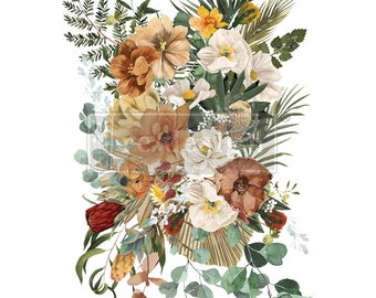 Puede incluir: Una pintura de acuarela de un ramo de flores en tonos marrones, blancos y verdes. Las flores están dispuestas en un estilo suelto y natural, y la pintura tiene un toque vintage.