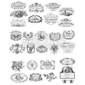 Puede incluir: Una colección de transferencias decorativas en blanco y negro de estilo vintage con tipografía francesa, motivos florales, abejas, mariposas y marcos ornamentados. Los diseños incluyen varias etiquetas como Joli Jardin, Cafe y Paris.
