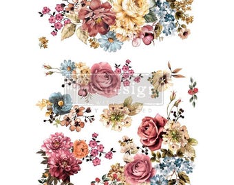 Puede incluir: Hoja de transferencia floral con una variedad de flores en tonos rosa, rojo, amarillo y azul. El diseño incluye rosas, hortensias y otras flores, con una estética vintage. Ideal para proyectos de bricolaje.