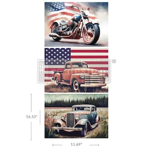 May include: A vertical wall art piece featuring three vintage vehicles: a motorcycle, a pickup truck, and a classic car. The artwork incorporates the American flag as a backdrop, with dimensions of 16.53 inches high and 11.69 inches wide.
