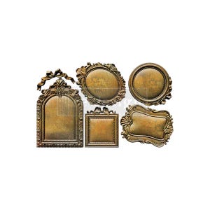 May include: A selection of six antique-style decorative frames in various shapes, including oval, round, and rectangular. The frames have a bronze-like finish with ornate detailing and a vintage aesthetic, ideal for crafting or home decor projects.