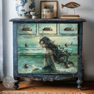 mermaid dresser Stock Photo to Reproduce. Do Not Buy Blue, Mermaid Dresser, 5 Drawers, Flowers, Gold Leaf, Bubble Glass Knobs, Hand Painted, Solid Wood