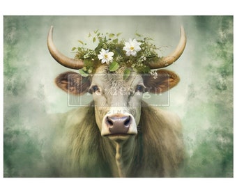 Bessie farmhouse cow decoupage fiber paper redesign with Prima