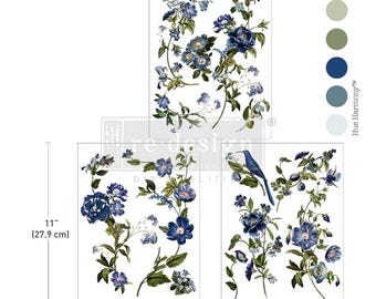 Puede incluir: Tres hojas de transferencia floral con diseños botánicos azules y verdes. La hoja más grande mide 21,5 cm de ancho y 27,9 cm de alto. A la derecha se muestra una paleta de colores azul y verde.