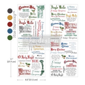 May include: A set of decorative transfer sheets featuring various Christmas-themed phrases, holiday greetings, and small holly illustrations in multiple fonts and colors. The sheets measure 11 inches by 8.5 inches and include the text Hue Harmony.