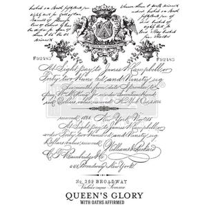 Könnte beinhalten: Ein schwarz-weißes Vintage-Design mit kunstvoller Schrift und dekorativen Elementen. Es zeigt ein Wappen, florale Akzente und den Text "Queen's Glory with Oaths Affirmed".