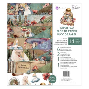May include: A paper pad featuring Alice in Wonderland illustrations. The pad includes 14 sheets, each measuring 12" x 12" (30.4 cm x 30.4 cm). The paper is 230 GSM cardstock, acid and lignin free, with double-sided designs and cut-out elements.