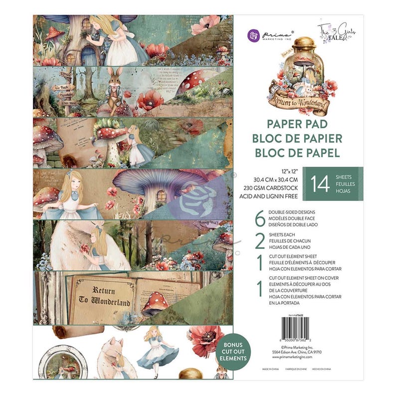 May include: A paper pad featuring Alice in Wonderland illustrations. The pad includes 14 sheets, each measuring 12" x 12" (30.4 cm x 30.4 cm). The paper is 230 GSM cardstock, acid and lignin free, with double-sided designs and cut-out elements.