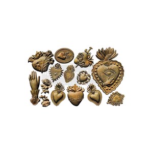 May include: A selection of brown, heart-shaped decorative items. Some hearts have flames, crowns, and intricate designs. Other items include a hand, roses, and circular patterns. The objects are probably made of a hard material, such as resin or wood.