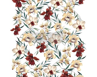 May include: A watercolor pattern featuring a repeating design of orchids and foliage. The flowers are in shades of cream, yellow, and burgundy, with green leaves. The design is set against a white background, creating a floral pattern.