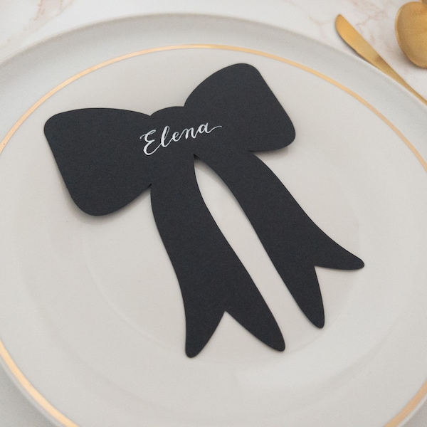 Classic Bow Shaped Handwritten Wedding Place Cards, Calligraphy Bow Name Cards for Luxe Minimalist Unique Dinner Table Setting