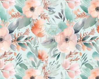 May include: A seamless pattern featuring watercolour illustrations of pink and peach flowers with green leaves on a light blue background.