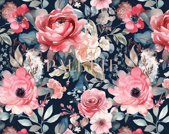 May include: A seamless pattern featuring pink and red watercolour flowers on a dark blue background. The flowers are arranged in a repeating pattern and are surrounded by green leaves.