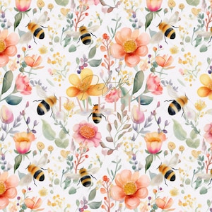 May include: A watercolour floral pattern with bees, flowers, and foliage in orange, pink, yellow, and green on a white backdrop. The design includes detailed illustrations of bees, various flowers, and leaves.