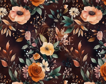May include: A seamless pattern featuring watercolor illustrations of various flowers in shades of orange, yellow, and brown. The flowers are arranged in a repeating pattern on a dark brown background.