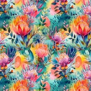 May include: A watercolour painting featuring a vibrant floral pattern with pink, orange, and yellow flowers on a turquoise background.