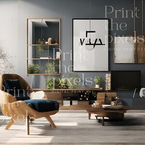 May include: A living room interior with a wooden chair, a coffee table, a television, and a shelf with plants. The walls are painted a dark blue color. The text "Print the pixels" is visible on the wall.