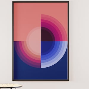 Mid Century Inspired Geometric Art in Shades of Blue and Purple Abstract Half Circle Gradient Printable Art | digital download