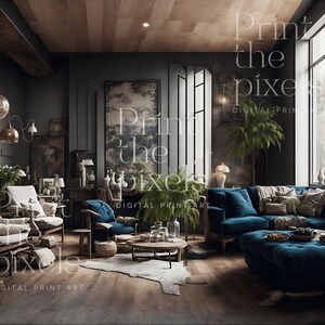 May include: A living room interior with a dark gray wall, a large window, a blue velvet sectional sofa, a white armchair, a wooden coffee table, and a rug. The room is decorated with plants, artwork, and lamps.