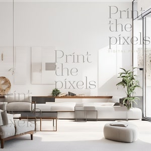 Puede incluir: Un sofá blanco con almohadas grises se encuentra en una sala de estar moderna con una alfombra blanca, una mesa de café y un puf redondo. La habitación tiene grandes ventanas y una planta en una maceta. El texto "Print the pixels" es visible en la pared.