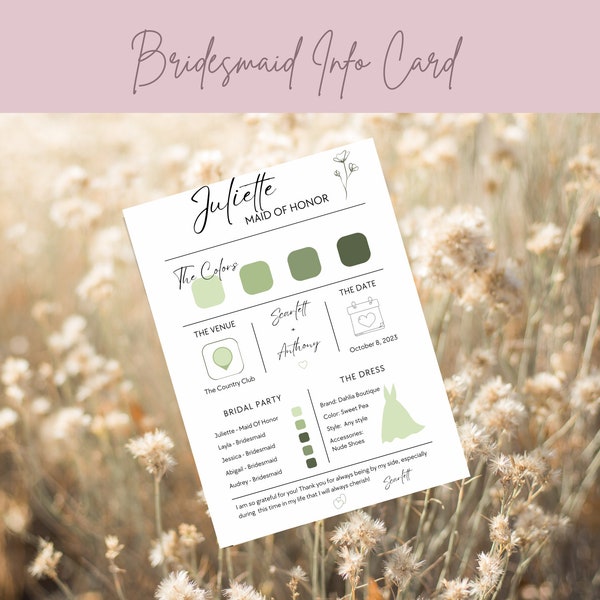 Bridesmaid Info Card, Bridesmaids Proposal, Bridal Party Info Card, Bridesmaid Information Card, Modern, Elegant Wedding, Canva, Wedding