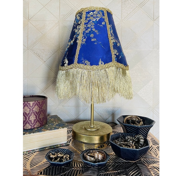 Vintage style handmade lampshade - oriental blue blossom floral print with gold fringe and trim - for table lamp or floor lamp