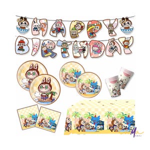 Cute Labubu Party Set – 42 PCS Birthday Decorations – Banner, Plates, Napkins, Cups & Tablecloth for Kids Party