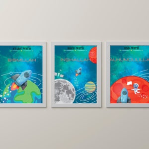 Islamic Kids Wall Art Space Theme Bismillah Inshallah Alhamdulillah Room Decor Learning Eid Gift Boy