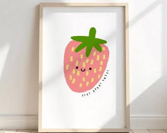 Happy Strawberry Art Print kwekerij schattig afdrukbare aardbei muur kunst moderne kinderkamer schattig fruit muur kunst aardbei kwekerij print