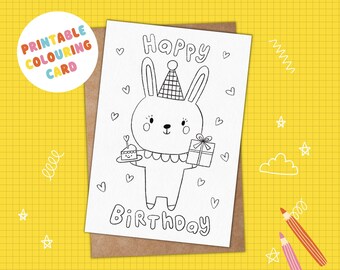 Cute bunny colouring birthday card for kids PRINTABLE DIY kids colour-in craft activity colouring sheet  instant download