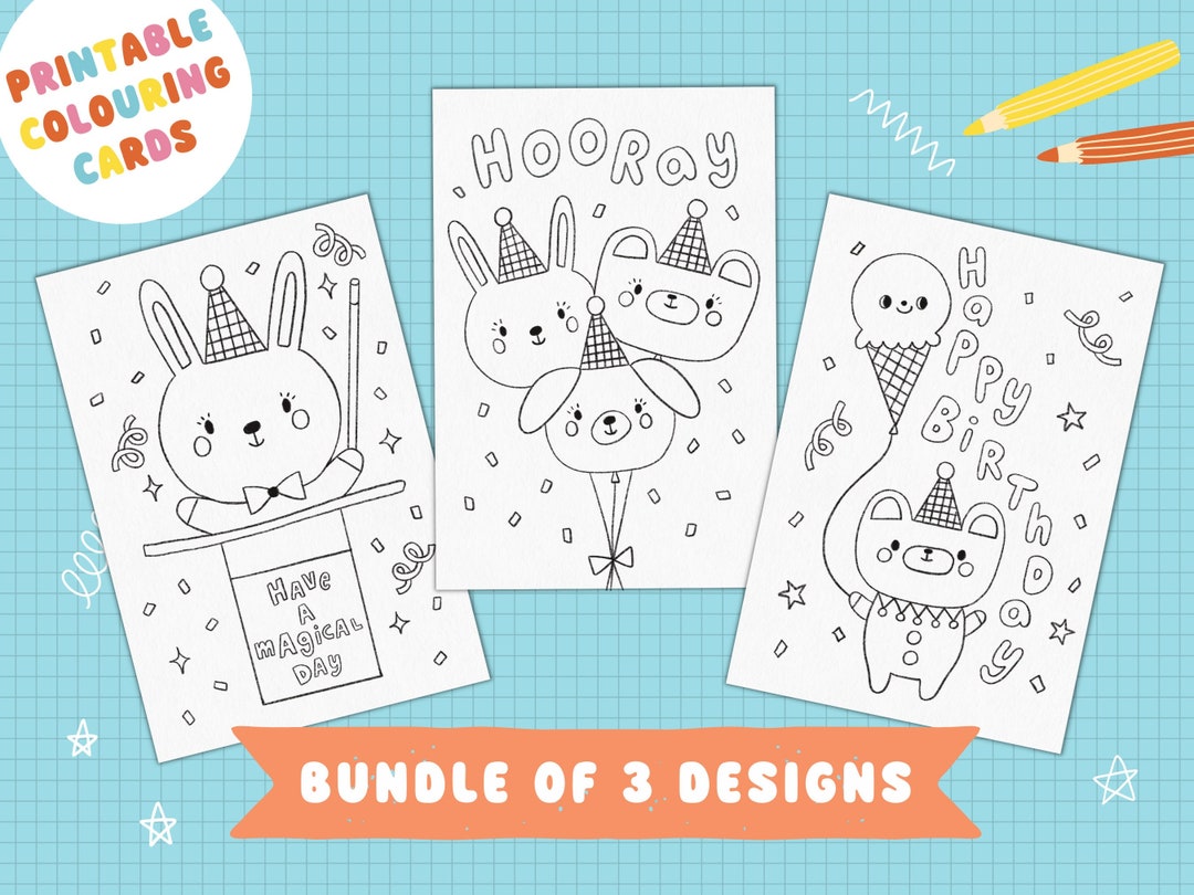 PRINTABLE Kids Colouring Birthday Card Bundle, Set of 3 Cute Kids ...