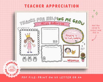 Tarjeta de agradecimiento para el maestro imprimible, tarjeta de agradecimiento para el maestro, página para colorear, regalo para el maestro de guardería, gracias por ayudarme a crecer, rellenar DIY