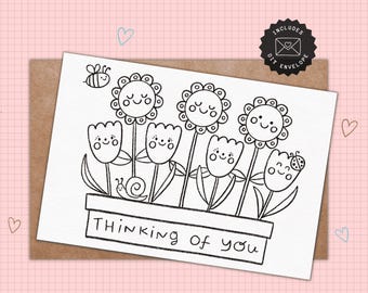Thinking Of You Colouring Card for Kids Printable | Kids Get Well Soon Card To Color In | Printable Greeting Card Kids Can Colour