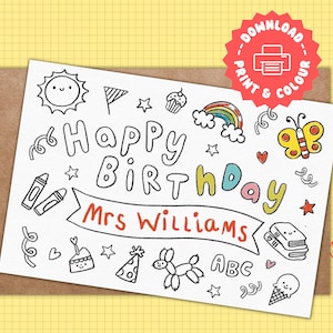 Carte d'anniversaire enseignant à colorier imprimable, cadeau enseignant personnalisé, carte d'anniversaire en téléchargement numérique de l'élève, carte pour enseignant personnalisée