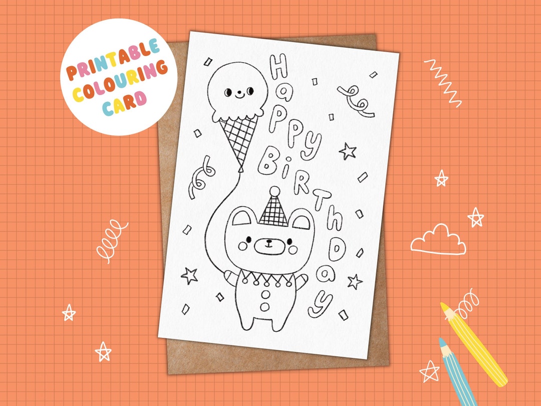 PRINTABLE Colouring Birthday Card for Kids INSTANT DOWNLOAD Cute Bear ...