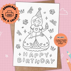 Carte d'anniversaire princesse à colorier à imprimer Carte d'anniversaire princesse à colorier à faire soi-même pour enfants Carte d'anniversaire princesse à colorier à imprimer