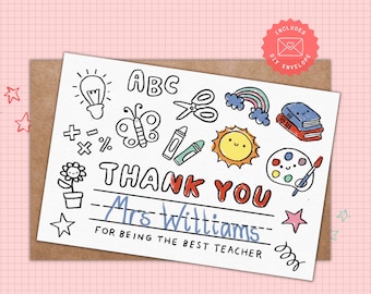 Tarjeta de agradecimiento para colorear para maestros/Regalo de agradecimiento para maestros/Tarjeta de agradecimiento para colorear para niños/Tarjeta imprimible de fin de año