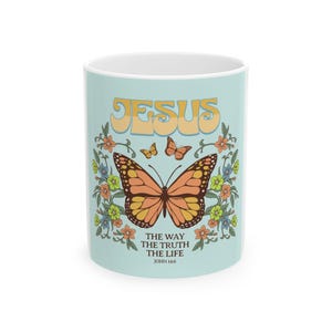 Religious Ceramic Coffee Mug: Butterfly & Floral Design