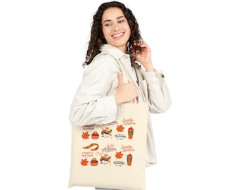 Fall Aesthetic Canvas Tote Bag, Cozy Autumn Pattern Tote, Pumpkin Spice Fall Shopping Bag
