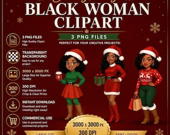 Könnte beinhalten: Digitales Clipart-Set mit drei Illustrationen von schwarzen Frauen in Weihnachtskleidung auf dunkelrotem Hintergrund. Der Text lautet Christmas Black Woman Clipart, 3 PNG Files, 3000 x 3000 px und 300 DPI. Die Figuren tragen Weihnachtsmützen.