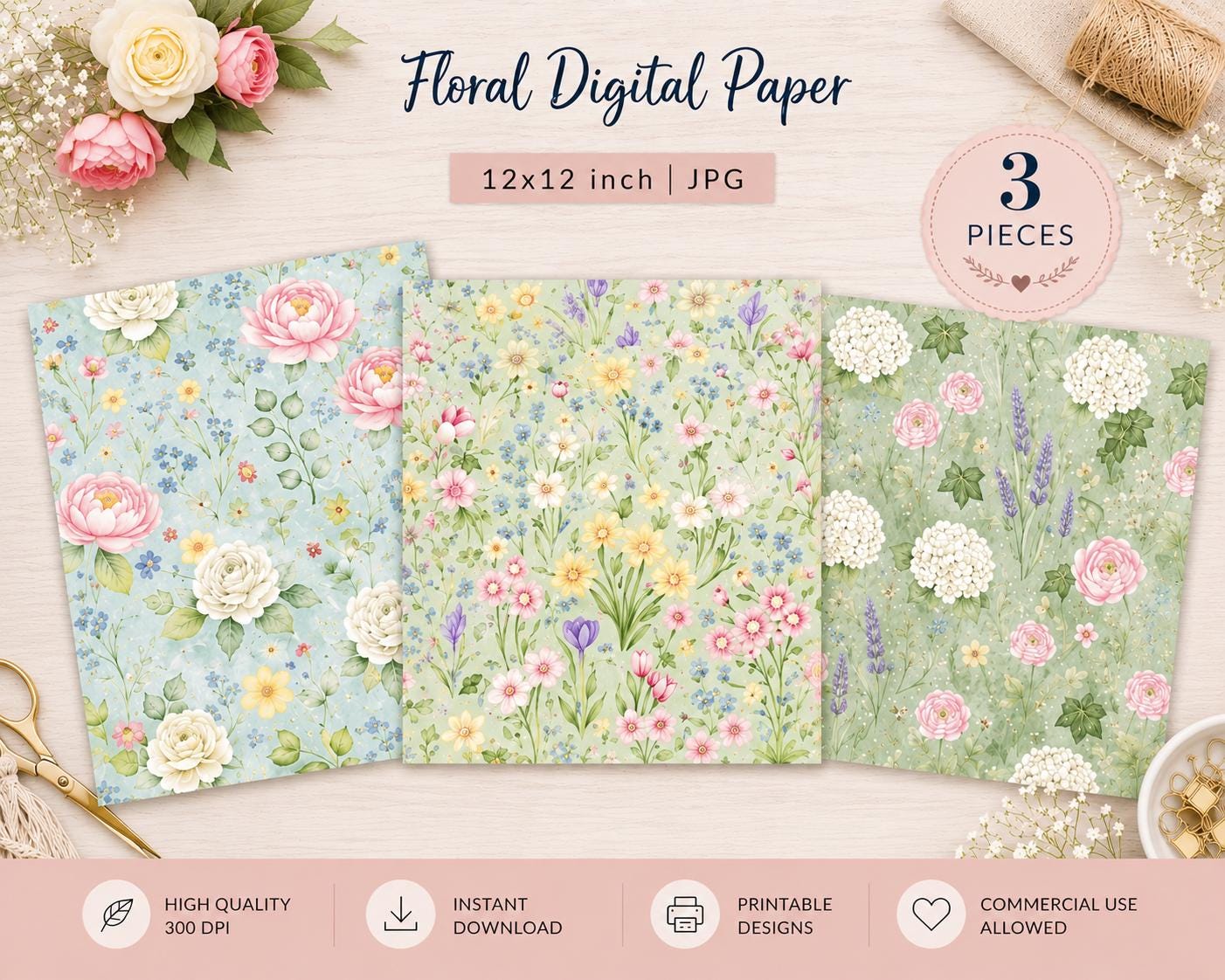 Spring Floral Digital Paper | Pastel Watercolor Garden Flowers ...