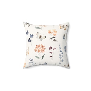 Wildflower Butterfly Square Pillow, Floral Cushion Sham, Home Decor Throw Pillow, Nature Lover Gift, Garden Theme Accent Pillow,