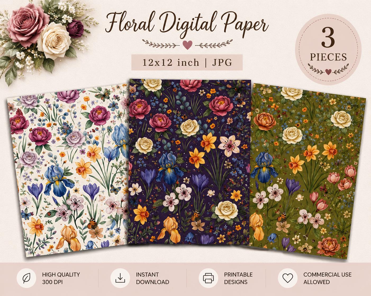 Floral Digital Paper Pack | Hand-painted Botanical Patterns (digital ...