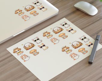 Feuille d'autocollants kawaii pour chien et chat : journal, ordinateur portable, bouteille d'eau